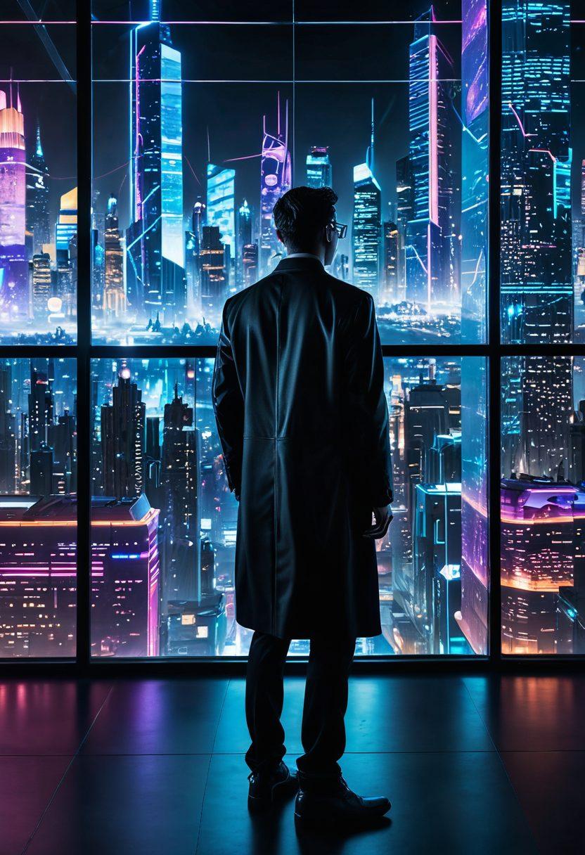 A futuristic data scientist standing in front of large, transparent screens displaying complex data visualizations, machine learning algorithms, and vibrant analytics graphs. The background features a digital city skyline, symbolizing innovation and technology. The scene is illuminated with glowing data streams and abstract representations of artificial intelligence. super-realistic. vibrant colors. cyberpunk.