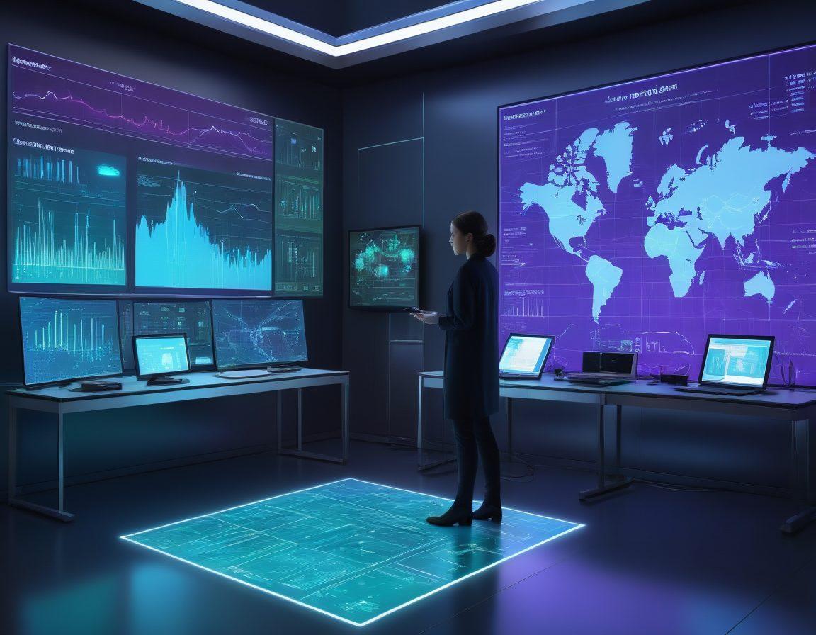A futuristic laboratory filled with glowing data displays, showcasing intricate time series graphs and predictive analytics models. In the center, a data scientist interacting with holographic charts, surrounded by digital clocks representing time. Background elements include abstract representations of big data and visual patterns flowing dynamically. A color palette featuring vibrant blues, greens, and purples to convey innovation and technology. super-realistic. 3D. vibrant colors.