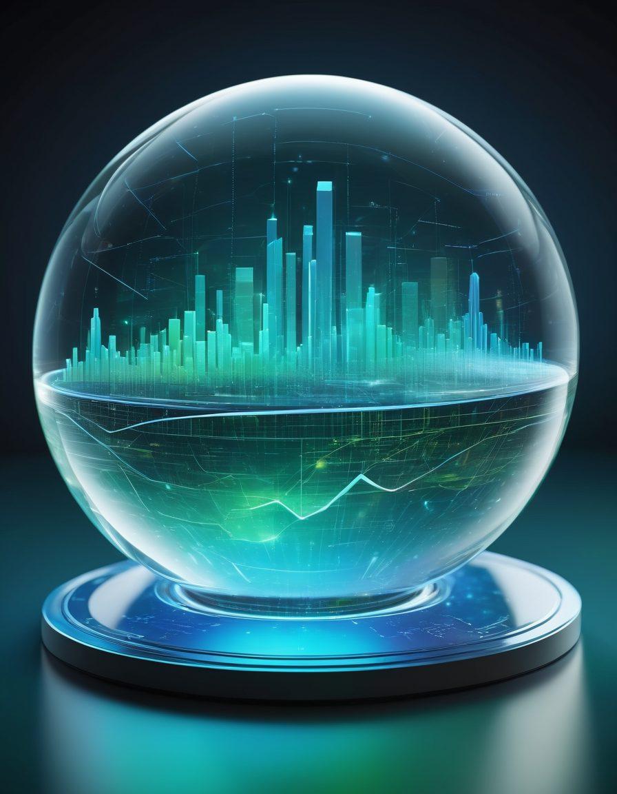 An abstract representation of data visualization transforming into predictive insights, showcasing vibrant graphs and charts morphing into a glowing crystal ball symbolizing future predictions. Incorporate elements like magnifying glasses and data points to emphasize analysis. Use a blend of blue and green hues for a tech-savvy feel. futuristic design. vibrant colors. 3D.